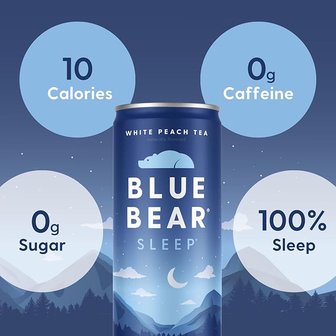 Blue Bear Melatonin Sleep Drink Sleep Tea for Bedtime Support White Peach Tea with Melatonin (5mg) Lavender Ashwagandha Chamomile GABA L-Theanine Caffeine-Free Zero Sugar 8.4 Fl Oz 12-Pack