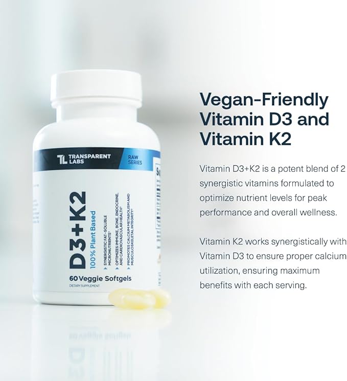 Transparent Labs Vitamin D3 K2 - Vitamin D &amp K2 Vitamin Supplement for Men &amp Women Vegan-Friendly D3K2 5000 IU Supplements to Support Bone Immune and Overall Health - K2 D3 60 Capsules