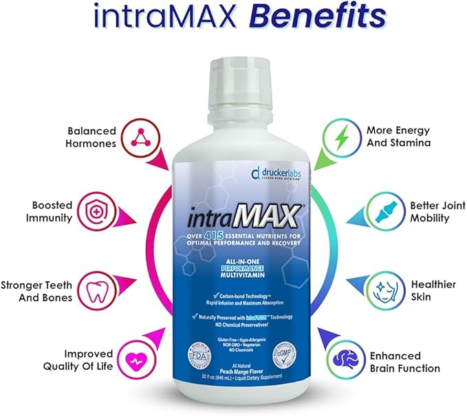 intraMAX Organic Liquid Multivitamin Non GMO Dairy Free Gluten Free Magnesium Vitamin D C and E Zinc (32 oz. Peach Mango)