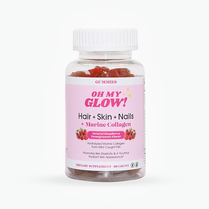 Oh My Glow! Hair Skin &amp Nails + Marine Collagen – Gluten-Free Non-GMO Gummies Raspberry Pomegranate