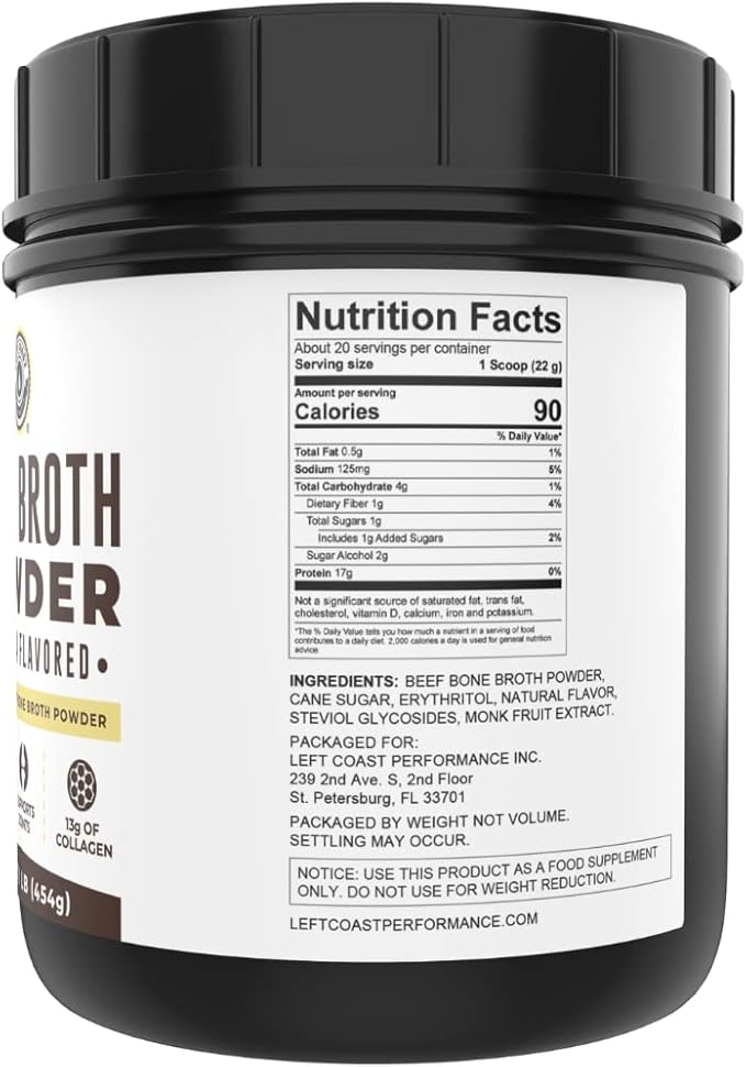 Left Coast Performance Vanilla Bone Broth Protein Powder 16oz + Chocolate Bone Broth Protein Powder 16oz