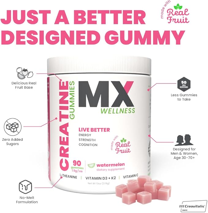 Creatine Monohydrate Gummies for Men &amp Women – Real Fruit Gummy Supplement for Muscle Growth Recovery Longevity Cognitive Health &amp Memory – 90 Chews (90 Gummies Watermelon)