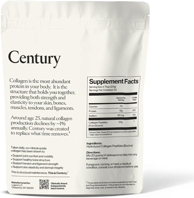 Century Structural Collagen Peptides Powder - 4 Patented Bioactive Peptides for Joint Bone &amp Tendon Repair - Grass Fed 20g Dose Unflavored (30 Servings)