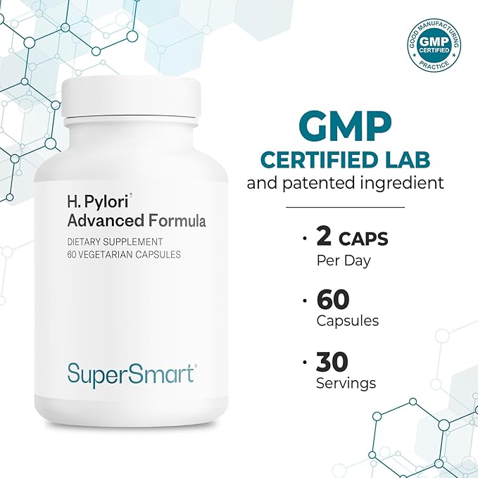 Supersmart H. Pylori Advanced Formula (6-in-1 Complete Action) - with Mastic Gum Probiotics &amp Prebiotic - Patented Pylopass Lactobacillus Reuteri DSM 17648 | 60 Vegetarian Capsules - Made in USA