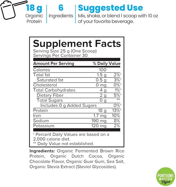 Portions Master Plant Protein Organic Plant Based Protein Powder with Fermented Brown Rice Complete Amino Acid Profile Vegan Non GMO Gluten Free (750g Chocolate)