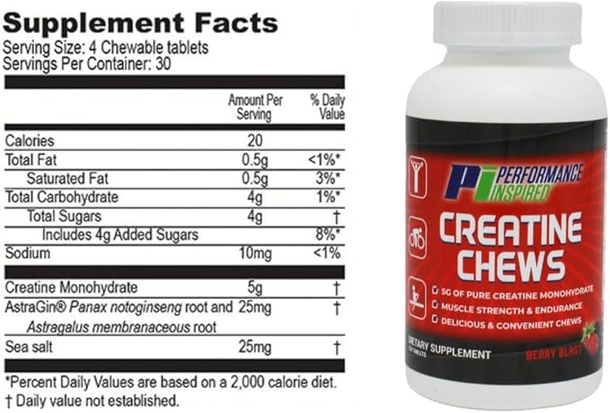 PERFORMANCE INSPIRED Nutrition Creatine Chew – 5g Creatine Monohydrate – Supports Muscle Growth &amp Recovery – Berry Blast Flavor – 120 Count