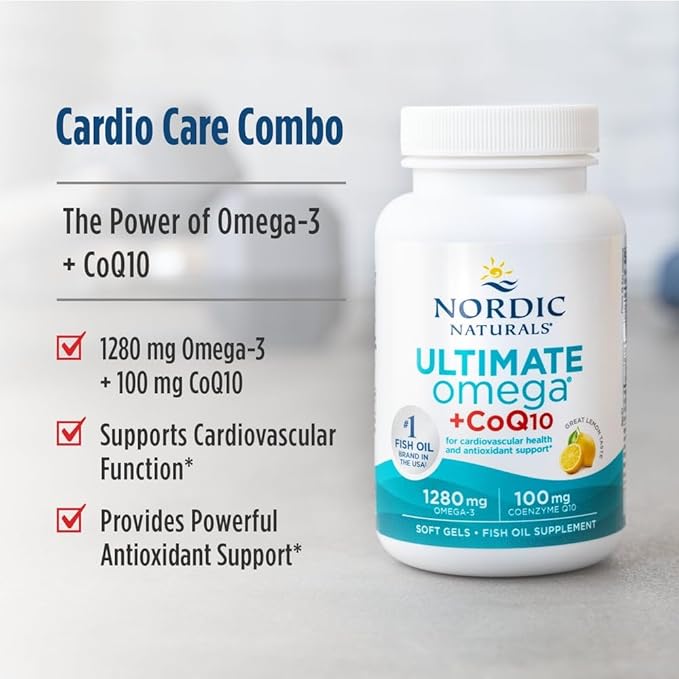 Nordic Naturals Ultimate Omega + CoQ10 Lemon - 120 Soft Gels - 1280 mg Omega-3 + 100 mg CoQ10 - Heart Health Cellular Energy Antioxidant Support - Non-GMO - 60 Servings