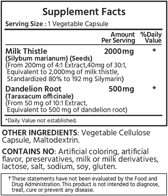ML Naturals Milk Thistle 2000mg (Per Serving) – Standardized Silymarin 192mg – 240 Vegetable Capsules – Supports Liver Health - Non-GMO