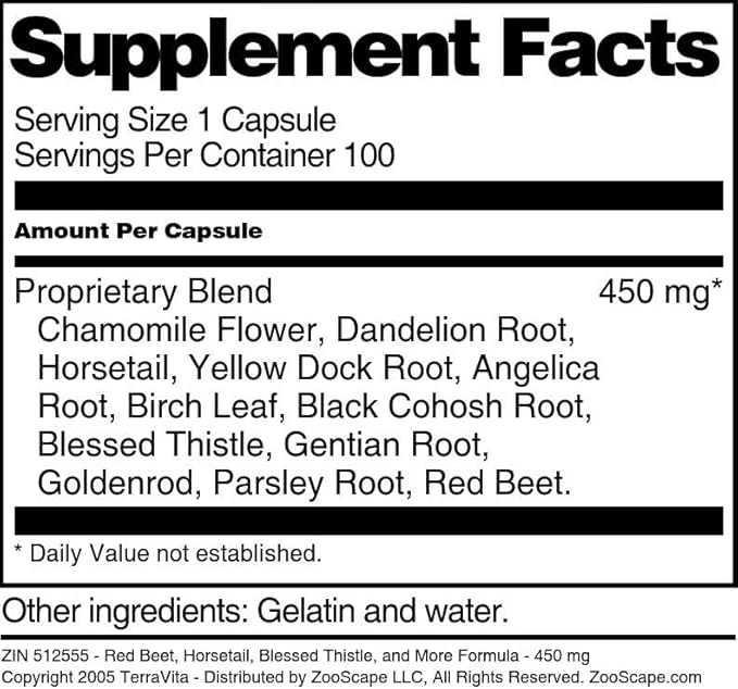 Red Beet Horsetail Blessed Thistle and More Formula - 450 mg (100 Capsules ZIN: 512555) - 3 Pack