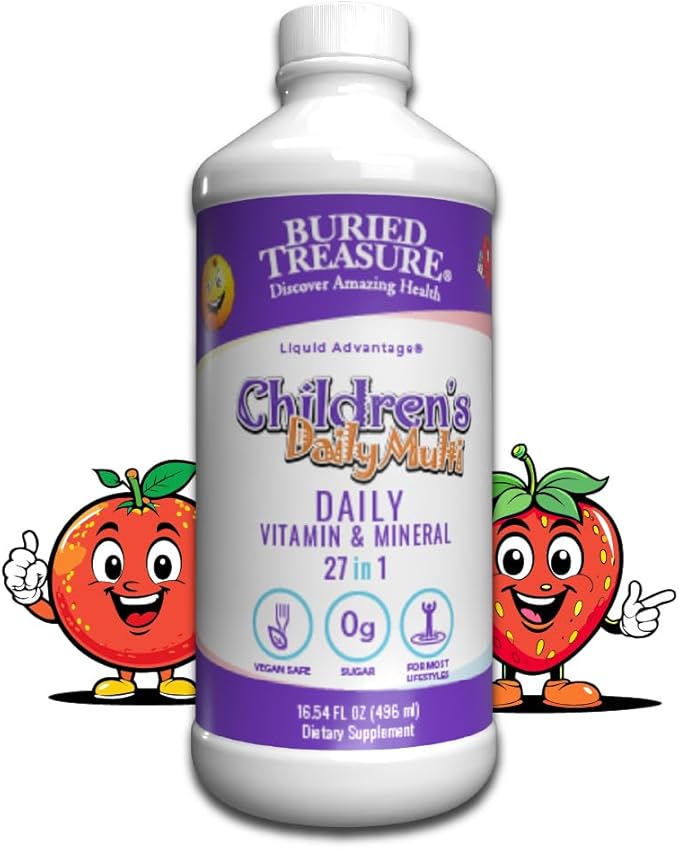 Buried Treasure Children’s Daily Liquid Multivitamin – 27 Vitamins &amp Minerals with SuperFood Blend – Sugar Free Vegan Orange Mango Flavor 16 fl oz