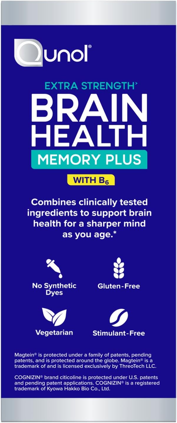 Qunol Brain Health Memory Plus with B6 Magnesium L-Threonate &amp Citicoline Clinically Tested Ingredients to Improve Memory Focus Attention and Productivity 60 Count (Pack of 1)