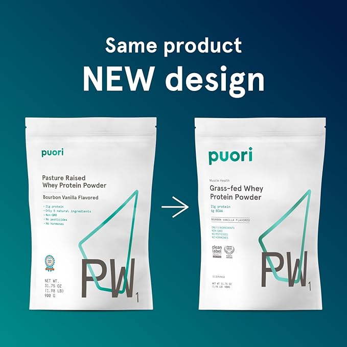 Puori Whey Protein Powder Bourbon Vanilla - PW1 Pasture-Raised Grass-Fed Whey Protein Powder Drink Mix containing BCAA Amino Acids - Post-Workout Supplement for Muscle Gain &amp Recovery - 30 Servi