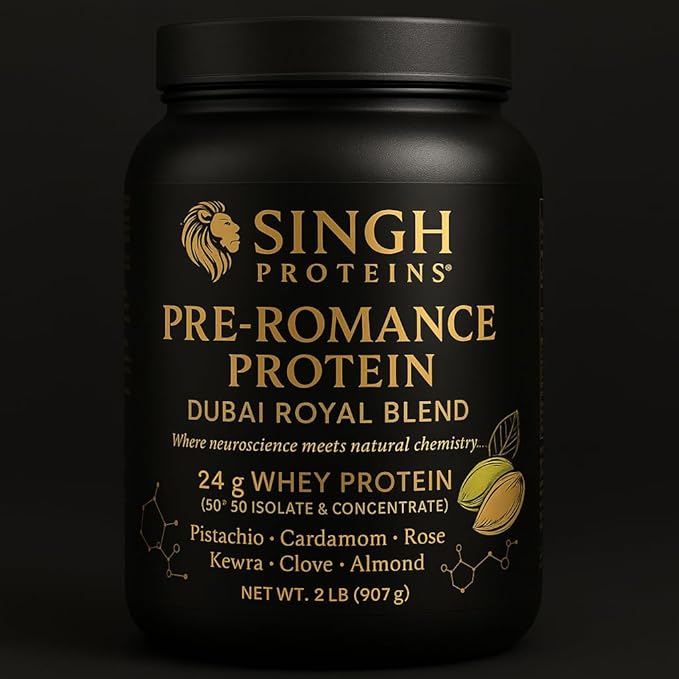 Singh Protein - Pre-Romance Protein Powder. Dubai Chocolate Royal Dubai Blend Flavor. 24g Whey Protein Isolate - Pistachio Cardamom Rose Clove and Almond - 30 Servings.
