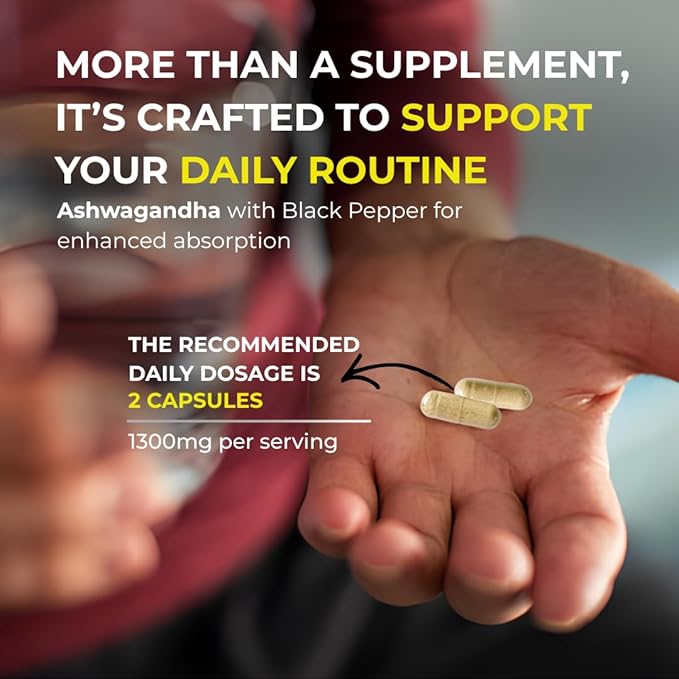 Organic Ashwagandha 1300mg with Black Pepper for Enhanced Absorption | Stress &amp Mood Support Calm &amp Relaxation Energy &amp Vitality | Vegan Non-GMO | 60 Capsules | Made in USA