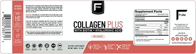 Flow Supplements Collagen Peptides Protein Powder Collagen Supplements with Hyaluronic Acid + Biotin Hydrolyzed Collagen Peptides Multi Collagen Powder Type I and III - 348 Gram (Pack of 1)