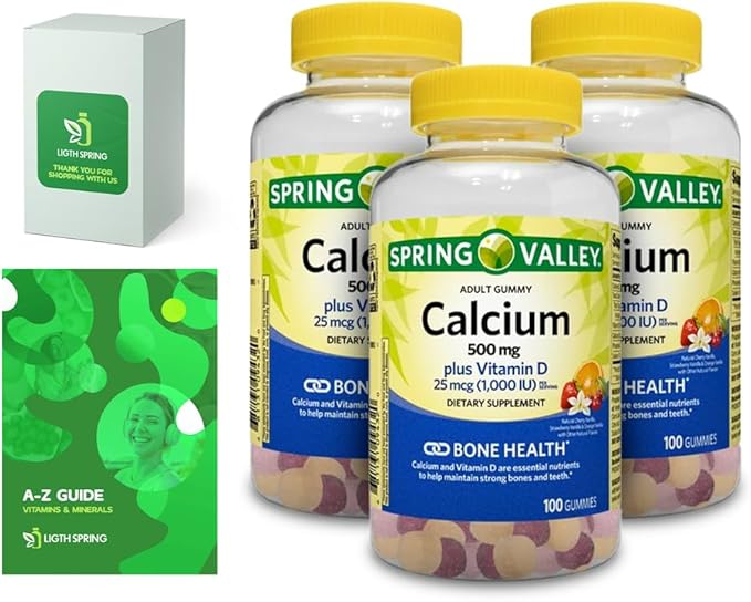 Calcium Plus Vitamin D Adult Gummies 500 mcg 1000 IU Assorted Flavors 100 Ct (3 Pack) Bundle with Exclusive Vitamins &amp Minerals - A to Z - Better Ligth&ampSpring Guide (4 Items)