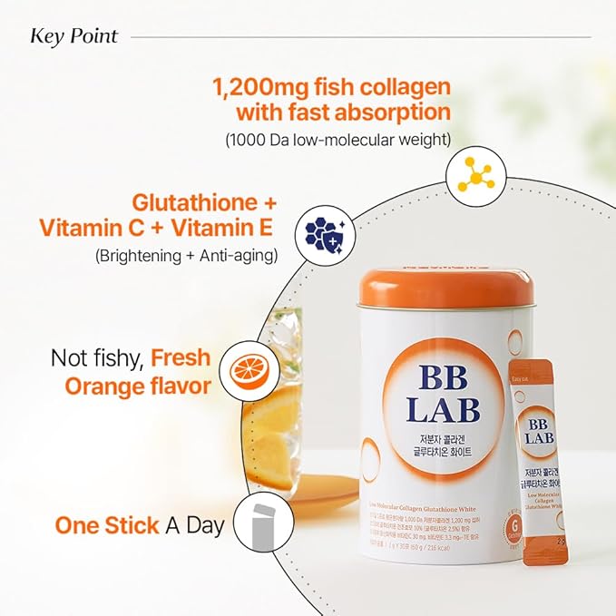 BB LAB Collagen Glutathione White Low Molecular Korean Stick Supplement Fish Peptides Vitamin C Vitamin E Glutathione Fast abosorption Orange Flavor