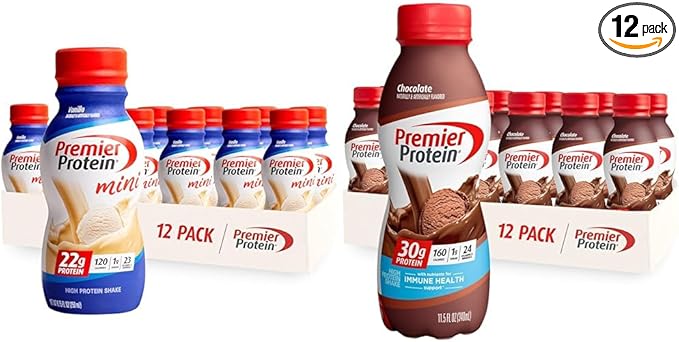 Premier Protein Shake MINIs Vanilla 22g Protein 120 Calories 1g Sugar 8.75fl oz Pack of 12 &amp Shake Chocolate 30g Protein 1g Sugar 24 Vitamins Minerals Nutrients