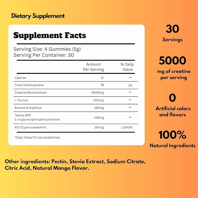 Creatine Monohydrate Gummies 5000mg of Creatine Per Serving with Alpha-GPC &amp Taurine Mango Flavor Enhance Brain Function Muscle Growth Support Pre Workout Gummies for Men and Women - 120pcs