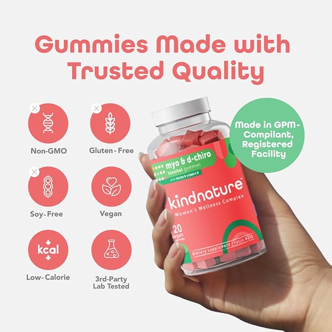 kindnature Myo-Inositol &amp D-Chiro Inositol Gummies for Women – 2000mg + 50mg Ideal 40:1 Ratio – with Vitamin D &amp Folate – Hormone Balance &amp Fertility Support – Vegan Watermelon Flavor (1