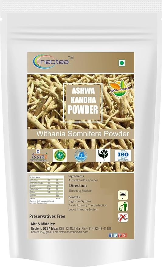 neotea Organic Ashwagandha Root Powder | 100% Pure Withania Somnifera Root | Herbal Supplement | Non-GMO Vegan Gluten-Free | Natural Energy &amp Vitality Support | No Additives (500 GM(17.63OZ))