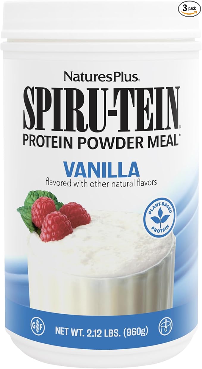 NaturesPlus SPIRU-TEIN Vanilla - 2.12 lbs Pack of 3 - Spirulina Protein Powder - Vitamins &amp Minerals for Energy - Vegetarian Gluten Free - 96 Total Servings
