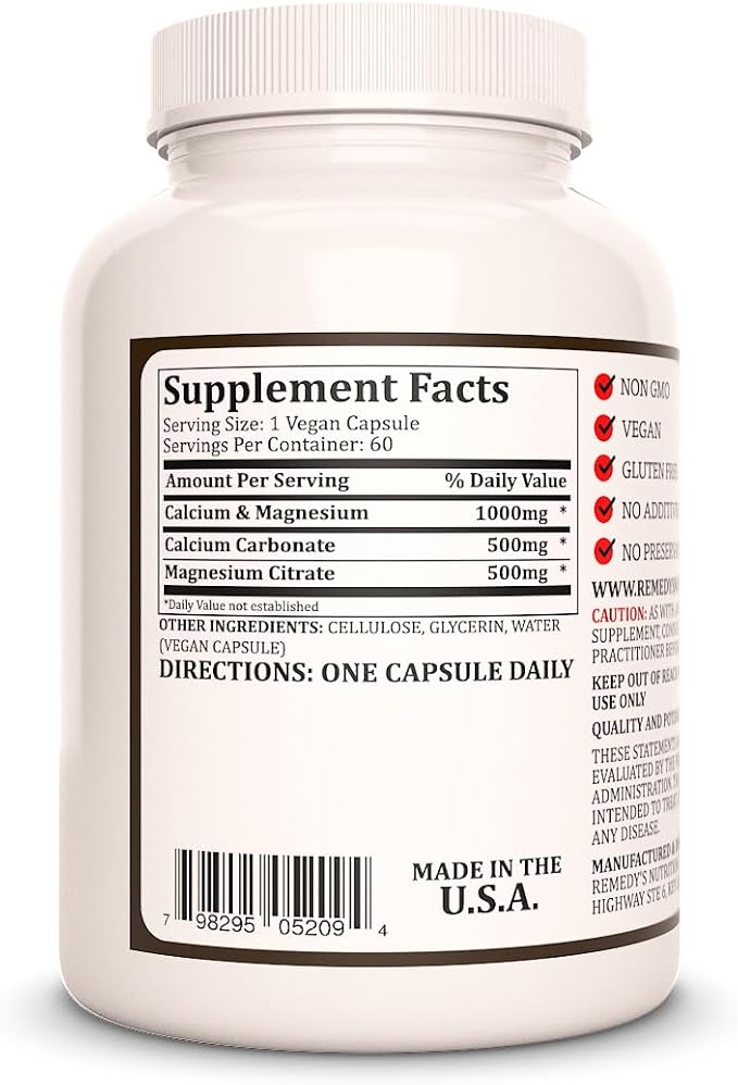 Remedy's Nutrition Calcium Magnesium Zinc | 1000 mg 60 Vegan Capsules Dietary Supplement | Two Month Supply