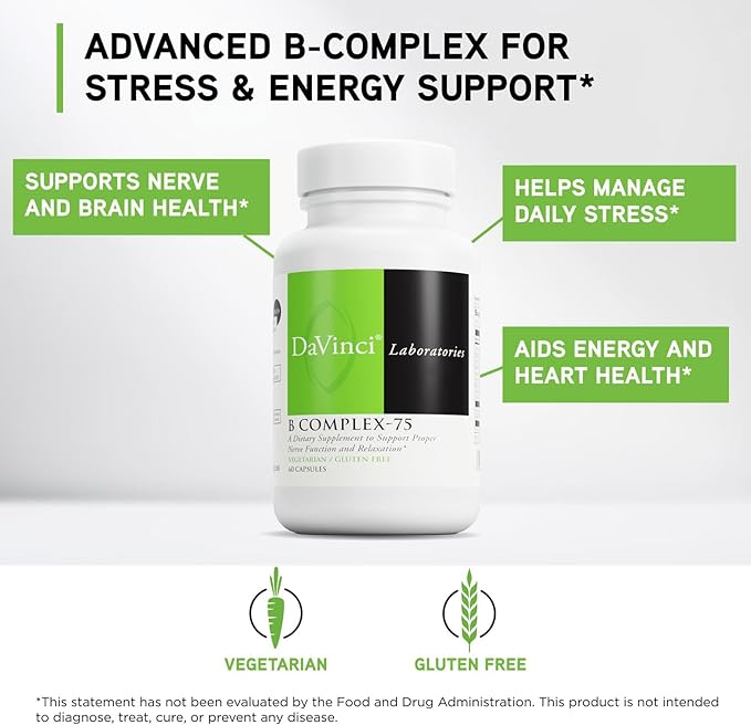 DAVINCI Labs B Complex-75 - Supports Relaxation and Proper Nerve Function* - Dietary Supplement with Niacin Vitamin B6 B12 Biotin Choline and More - Vegetarian - Gluten-Free - 60 Capsules