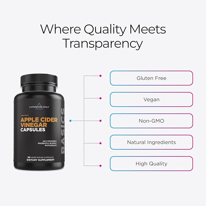 Livingood Daily Apple Cider Vinegar Capsules with The Mother (1500mg) - ACV Pills with Probiotics &amp Potassium for Women &amp Men - Supports Gut Health Digestion Appetite &amp Weight - Vegan 9