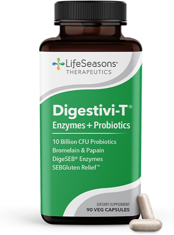 LifeSeasons Digestivi-T - Digestive Enzymes &amp 10 Billion CFU Probiotic Supplement - Supports Gut &amp Immune Health - Bloating &amp Digestion Relief for Women &amp Men - 90 Capsules