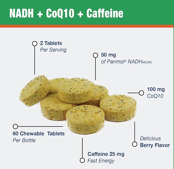 MAAC10 Energy Booster - with NADH Caffeine &amp Coq10 Fast Acting Chewable Tablets - Great for Fatigue Energy &amp Mental Focus.