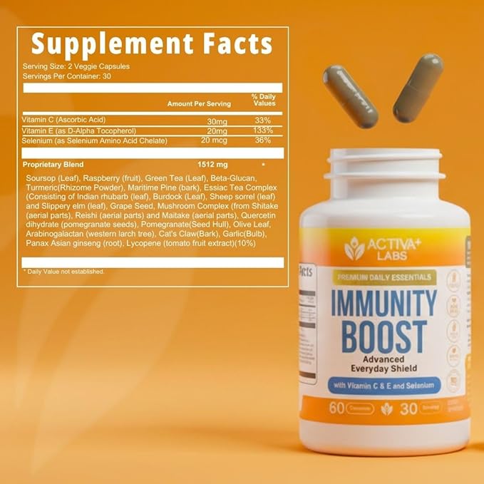 Activa+ Labs Immunity Boost Immune Support Supplement with Vitamin C Vitamin E Selenium &amp Herbal Antioxidant Complex | Gut &amp Energy Balance | Non-GMO Sugar-Free Vegan | 60 Capsules 30 Days