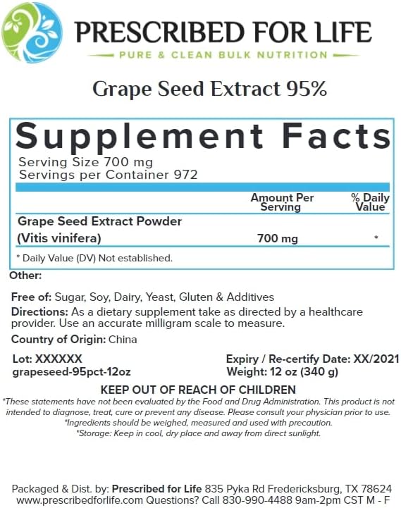 Prescribed For Life Grape Skin Powder 4:1 | Natural Abundant Source of Antioxidants and Polyphenols | Unbleached Gluten Free Vegan Non-GMO Soy Free Kosher No Fillers (25 kg)