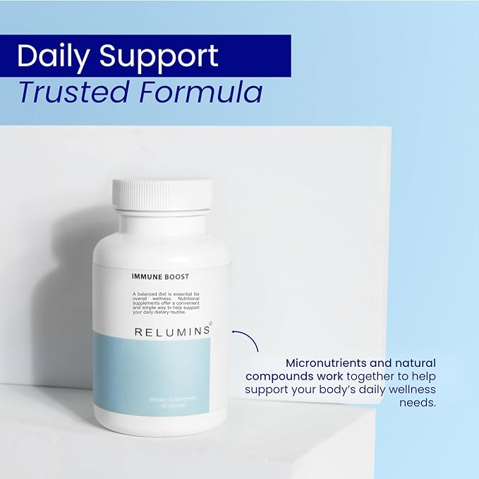 Relumins Immune Boost – Daily Wellness Blend with Vitamin C D3 Zinc Selenium &amp Natural Extracts Including Quercetin &amp Turmeric – 60 Capsules
