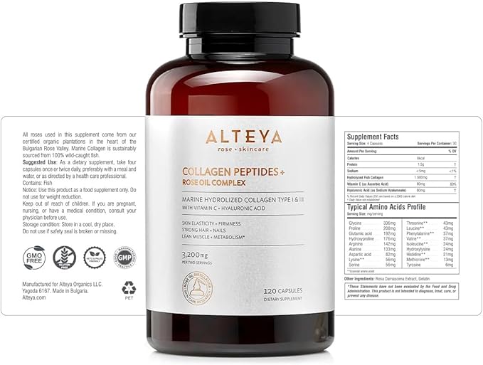 Alteya Organics Collagen Peptides &amp Rose Oil Complex – Beauty Supplement with 3200mg Marine Hydrolyzed Collagen Type I &amp III Vitamin C &amp Hyaluronic Acid – Skin Hair Nail &amp Joint Sup