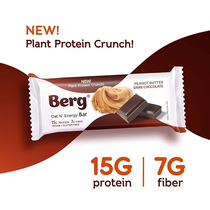Berg Oat N' Energy Bar | Peanut Butter &amp Dark Chocolate | Plant Based Protein Bar | Non-GMO Gluten Free Nut Free and Vegan | Low Sugar Healthy Snack Bar | High Fiber | On The Go | 2.5oz (8 Pack