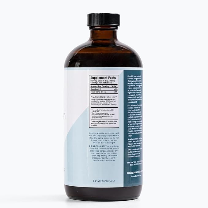ENTEGRO Flourish Original Liquid Probiotic &amp Postbiotic Supplement - Glass | 11 Live Cultures | Gut &amp Digestive Health for Women Men &amp Kids | Organic Vegan Allergen Free | USA Made | 16