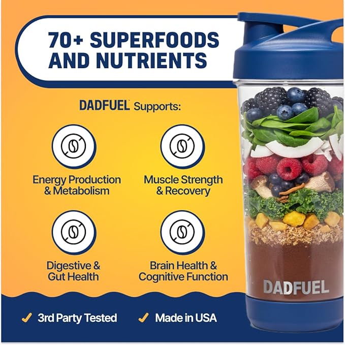 DADFUEL All-in-One Meal Replacement Shake for Men | 25g Whey Protein Isolate + 70+ Superfoods &amp Nutrients | Non-GMO Gluten-Free No Added Sugar | Smooth Taste Easy Mix | 15 Servings