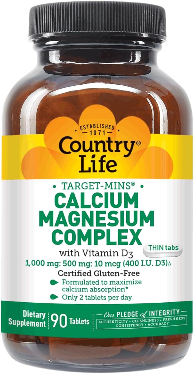 Country Life Calcium Magnesium Zinc with Vitamin D3 and L-Glutamic Acid Dietary Supplement for Bone Support Certified Gluten Free  1000mg/500mg/25mg 180 Tablets