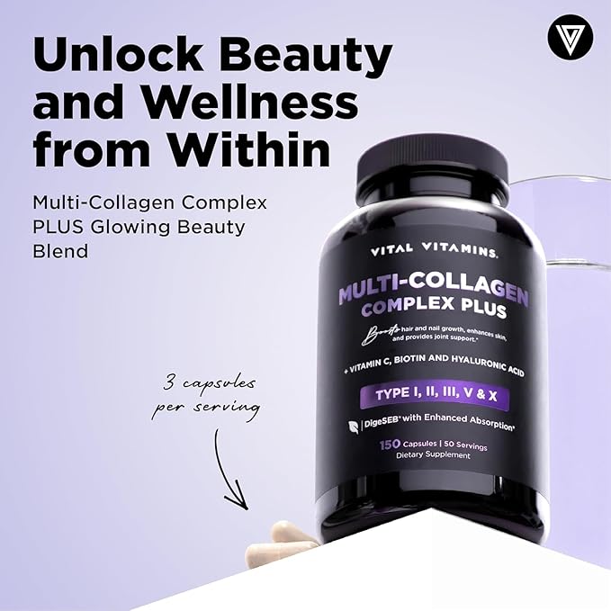 Vital Vitamins Multi Collagen Plus Capsules (2-Pack) - with Biotin Hyaluronic Acid Vitamin C - Type I II III V X Peptides - Collagen Supplements for Men &amp Women - Hair Skin Nails Complex