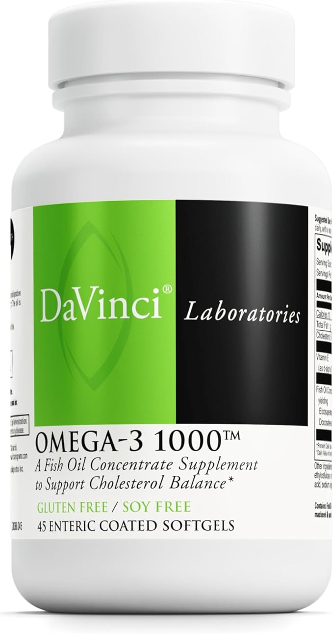 DAVINCI Labs Omega-3 1000 - Dietary Supplement to Maintain Already Normal Cholesterol Levels and Support Immune System Healthy Hair and Skin* - Gluten-Free - 45 Enteric Coated Softgels