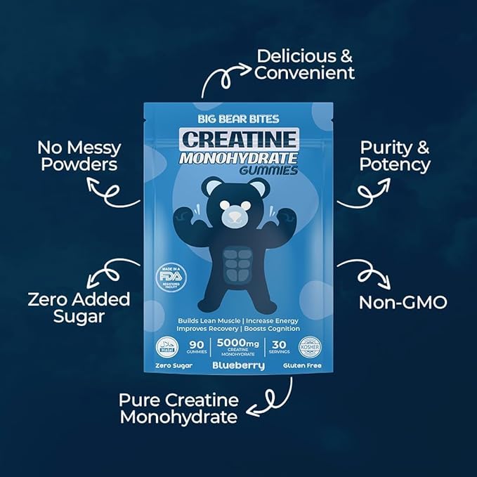 Creatine Monohydrate Gummies Pouch &amp Bottle Bundle for Men &amp Women | 5000mg of Creatine Gummie Per Serving | Zero Sugar Gluten Free &amp Halal | Pack of 90 | Blueberry &amp Green Apple Flav
