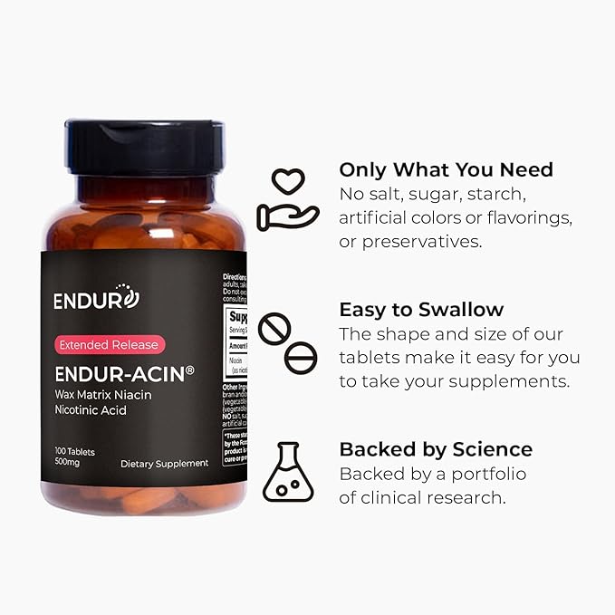 ENDUR-ACIN Niacin Supports Heart &amp Circulatory Function Extended Release Formula Gluten Free 500mg (100 Tablets)