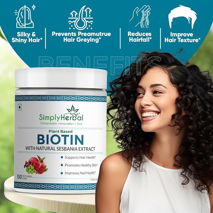 Natural Biotin Powder Vitamin B7 Supplement with Sesbania Agati Keratin Bamboo Shoot Extract Pomegranate and Amla for Stronger Shiner Hair &amp Healthier Skin for Men &amp Women – 150 gm