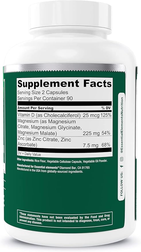 Essential Elements Magnesium Plus Zinc with Vitamin D3 - Scientifically Formulated Heart Bone &amp Muscle Support - 225mg Triple-Strength Magnesium Complex with Glycinate Malate Citrate - 360 Cou
