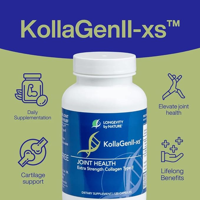 Longevity by Nature Extra Strength KollaGen II-XS- Collagen Type II with Hyaluronic Acid Chondroitin and Glucosamine – Joint Support 120 Capsules.