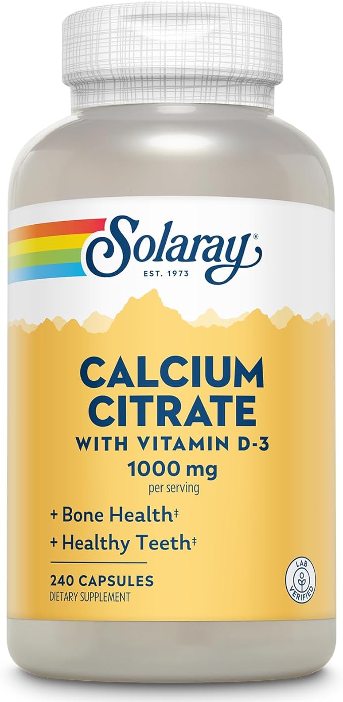 Solaray Calcium Citrate with Vitamin D3 1000mg - Bone Strength and Healthy Teeth Support - Gentle Digestion Formula - Lab Verified 60-Day Guarantee - 60 Servings 240 Capsules