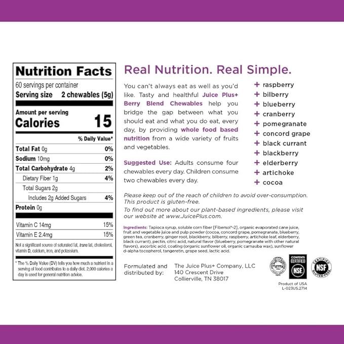 Juice Plus+ Berry Blend Soft Chews (Chewables) - Daily Nutrition from 12 Plants with Whole Fruit Vegetable &amp Berry - Raspberry Bilberry Blueberry and More! for Adults and Kids - (1-mo 30 Che