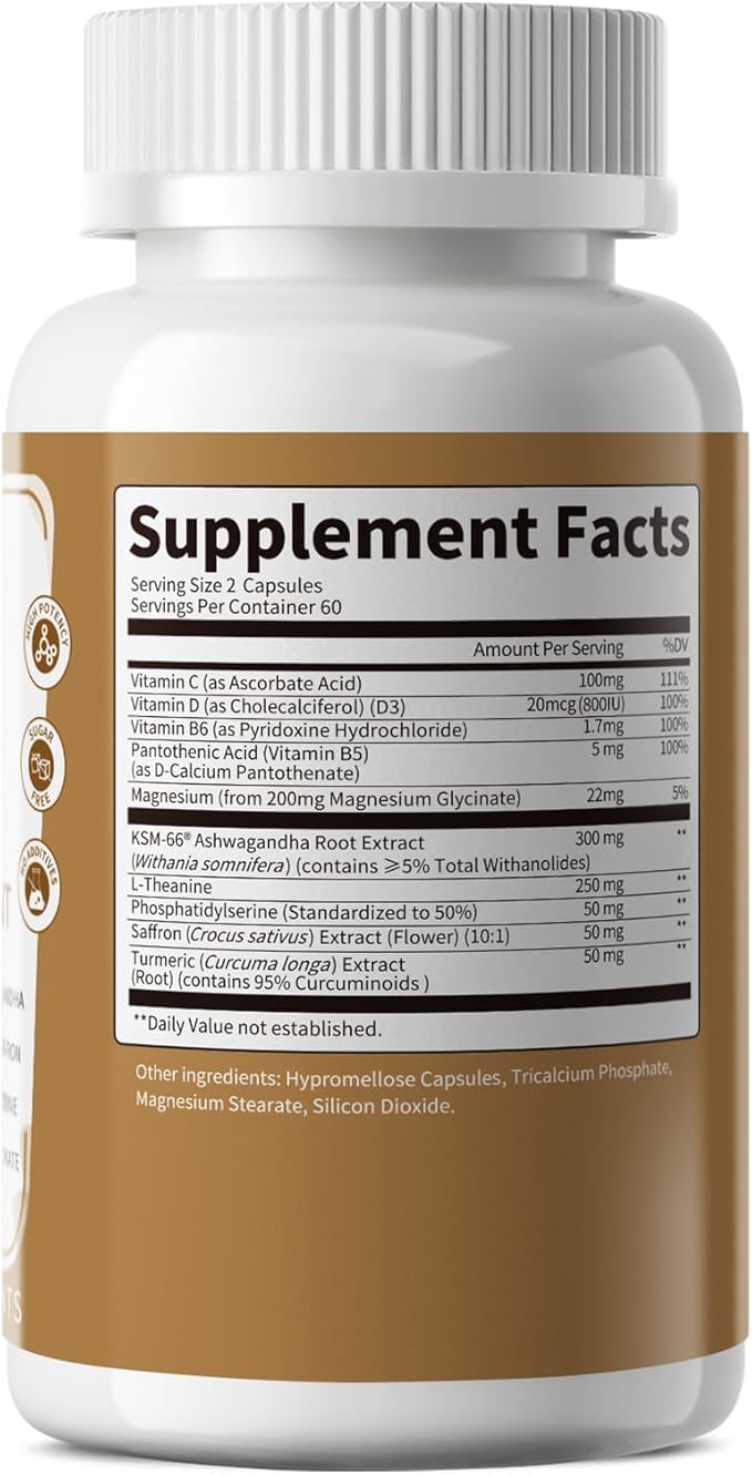 10-IN-1 Cortisol Supplements w/ KSM-66® Ashwagandha 300mg + L-Theanine 250mg Magnesium Glycinate Saffron Phosphatidylserine Turmeric &amp Vitamin C D3 B6 B5 For Women Men 120 Capsules 2 Pack