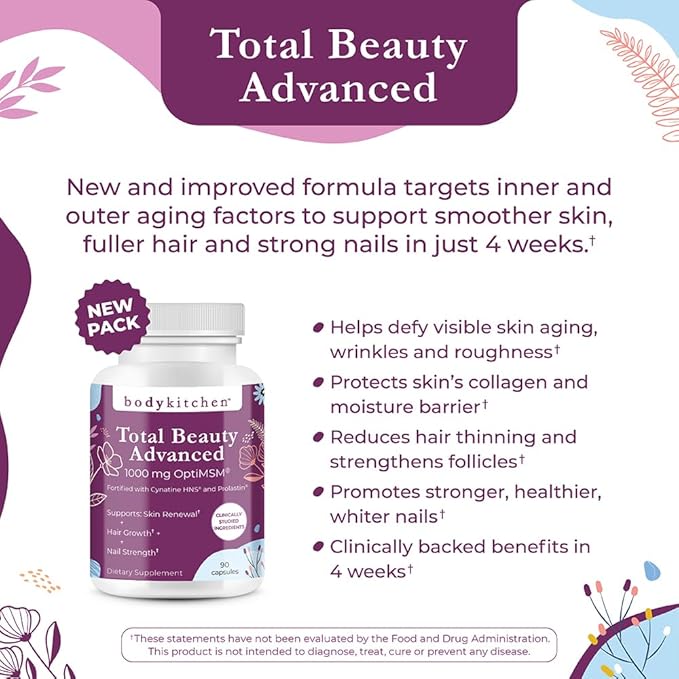 Body Kitchen Total Beauty Advanced Contains Elastin Keratin Biotin and Hyaluronic Acid Supports Hair Growth Skin Renewal Nail Strength Veggie Caps 90 Count